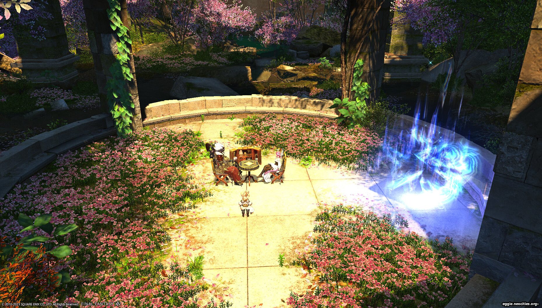 Magris and Zel sitting at the table and chairs at the end of the left path of Sil'Dihn Subterrane