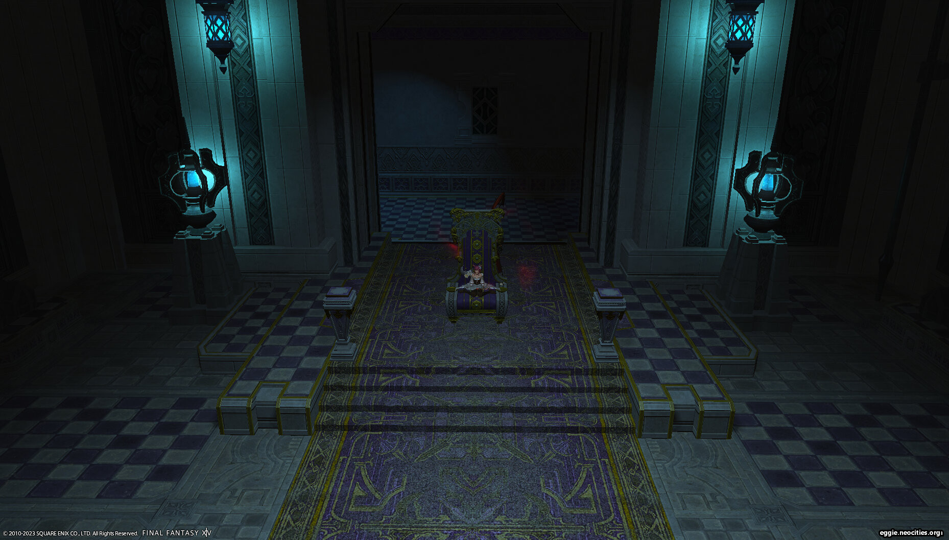 Zel sitting on the throne of Sil'dih. Magris is barely visible lurking behind the throne.