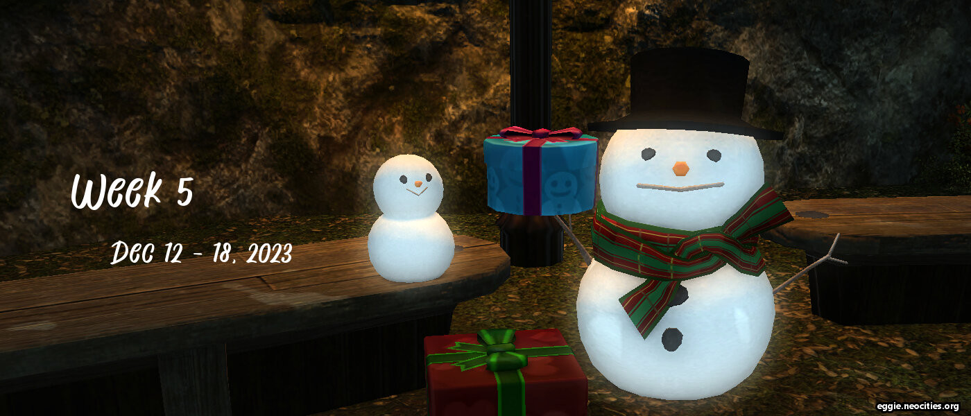 Screenshot from FFXIV showing two japanese style snowmen. The one on the left is small and has a smile, and the one on the right is larger and is wearing a top hat and a tartan red and green scarf. It is holding a round blue gift box with a red bow.