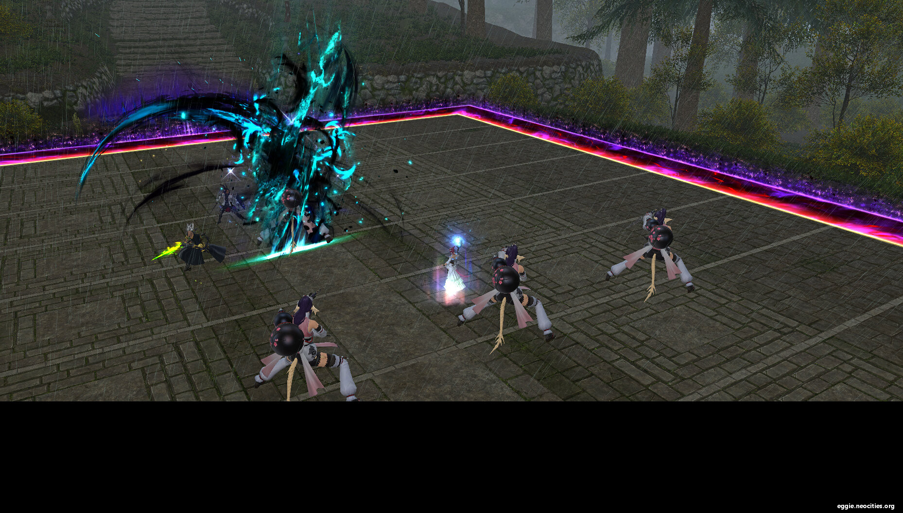 A screenshot of the trio fighting Yozakura. The bottom fifth of the screenshot is a black space where the screenshot was corrupted due to a computer crash.