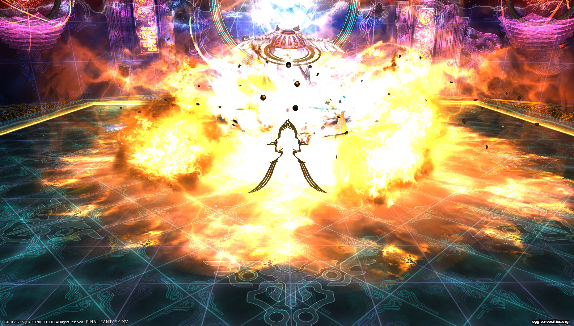 A large explosion as several blue mages spam their spells. Zel can be seen casting Quasar.