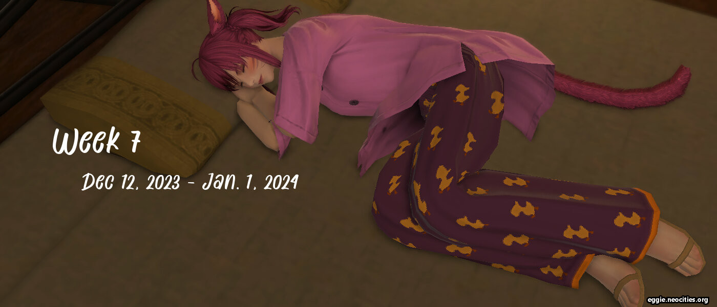 Screenshot from FFXIV Zel wearing pajamas and lying in bed on her side.