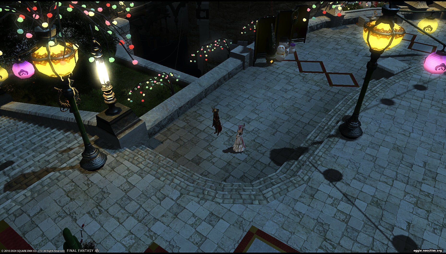 An aerial shot of Zel in Limsa, near the Aftcastle Aetheryte. The city is decorated for heavensturn with bright lights.