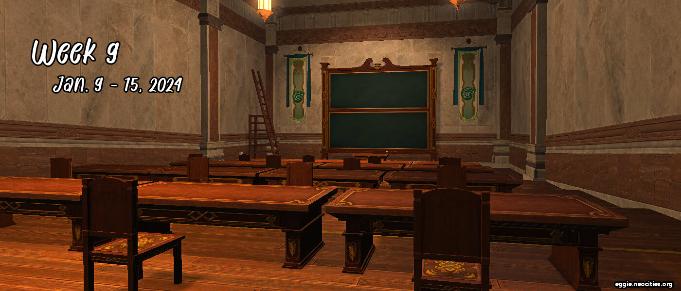 A screenshot of an empty Sharlayan studium classroom