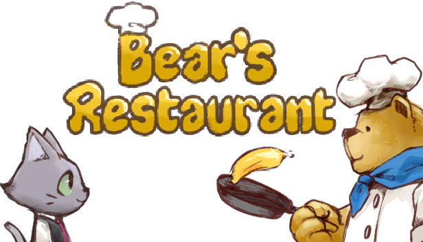 Bear's restaurant logo on a white background. The B in the word Bear has a chef hat on top. To left is a gray anthropomorphic cat with green eyes, wearing a waiter's vest. On the left is an anthropomorphic brown bear wearing a white chef's hat, a white double-breasted chef's jacket, and a blue neckerchief. He is holding a skillet and flipping an omelette