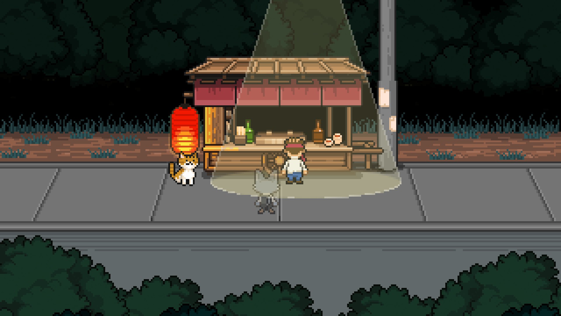 A screenshot from the game. There is a wide sidewalk with a wooden oden cart parked beside a street lamp, the light shining down on it. On the left of the cart is a red, Japanese style paper lantern. Sitting below the lantern is an orange tabby cat with a white belly, white on the bottom half of the face, and white legs. Standing in front of the cart with his back to the viewer is a man with in a white shirt that is partially untucked, blue trousers, and brown shoes. He has a red necktie tied around his head, and appears to be partially balding. Behind him and to his left is a slightly transparent Cat.