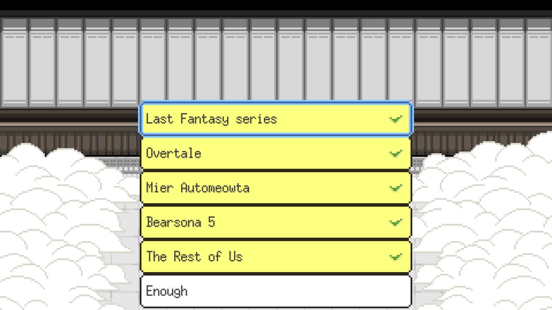 A screenshot from Bear's Restaurant showing several dialogue options parodying popular games. The titles listed are Last Fantasy series, Overtale, Mier Automeowta, Bearsona 5, and The Rest of Us. The final button below them says the word Enough.