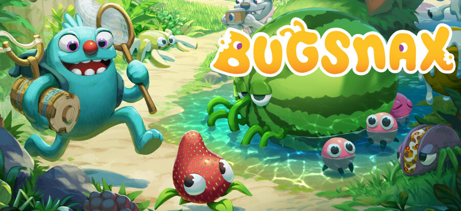 Bugsnax Logo over a background image containing the character Filbo Fiddlepie, a cyan Grumpus, holding a net and a bugsnax trap, with a slingshot in his. He is chasing a strabby, a strawberry shaped bugsnax. Behind the logo there is a large Watermelon bugsnax, surrounded by smaller bugsnax in the shape of melon balls. to the right there is a taco shaped bugsnax. In the background there is a crab shaped bugsnax made of green apple slices, as well as the gray grumpus Elizabert, holding a camera.