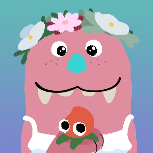 A headshot portrait Eggie's Grumpus avatar, a Pink grumpus with shiny black eyes, a triangular cyan nose, and an overbite with two sharp fangs and two rounded incisors, and freckles. She is wearing a flower crown with two white flowers and one pink flower in the middle, and a white spaghetti strap top with a frilly neckline. She is holding up her right paw, upon which sits a strabby. She is standing before a gradient background that is teal at the top that blends into deep blue at the bottom.