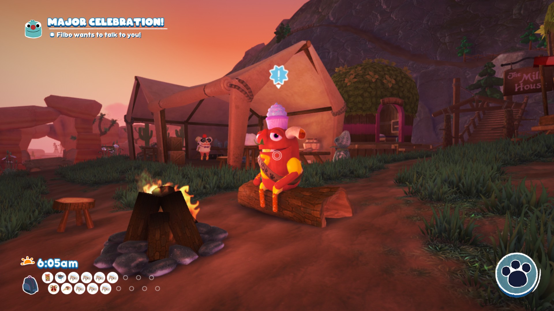 Screenshot from Bugsnax. Filbo Fiddlepie is sitting on a log in front of a campfire in the middle of Snaxburg. He has been snackified with a weenieworm body and arms, strabby nose, incherito horns, instabug hair, and twisty snakpod legs