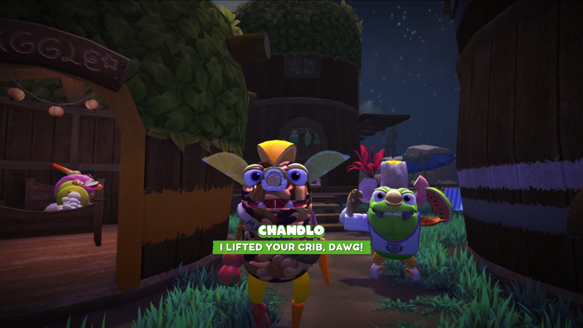 Screenshot from Bugsnax, Filbo Fiddlepie and Chandlo Funkbun are standing in front of your hut in Snaxburg. The dialogue on the screen is spoken by Chandlo, saying: I LIFTED YOUR CRIB, DAWG!