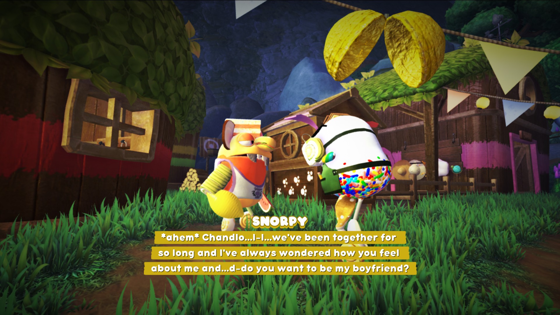 Screenshot of bugsnax of Snorpy and Chandlo. Snorpy's dialogue on screen says: ahem, Chandlo...I-I...we've been together for so long and I've always wondered how you feel about me and...d-do you want to be my boyfriend?