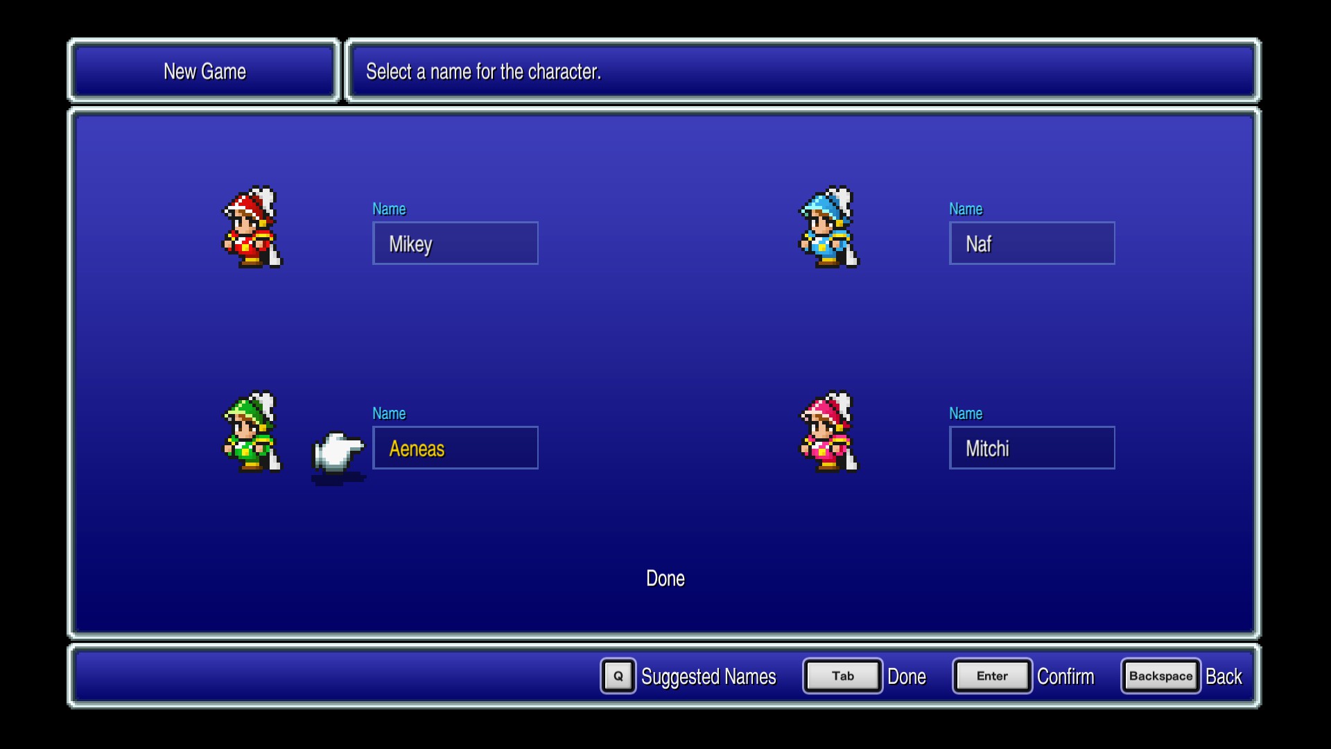 Screenshot from FF3 Pixel Remaster. This shows the character naming screen with four Onion Knight sprites, each with a name box beside them. There is a Red one named Mikey, a Blue one named Naf, a Green one named Aeneas, and a Pink one named Mitchi