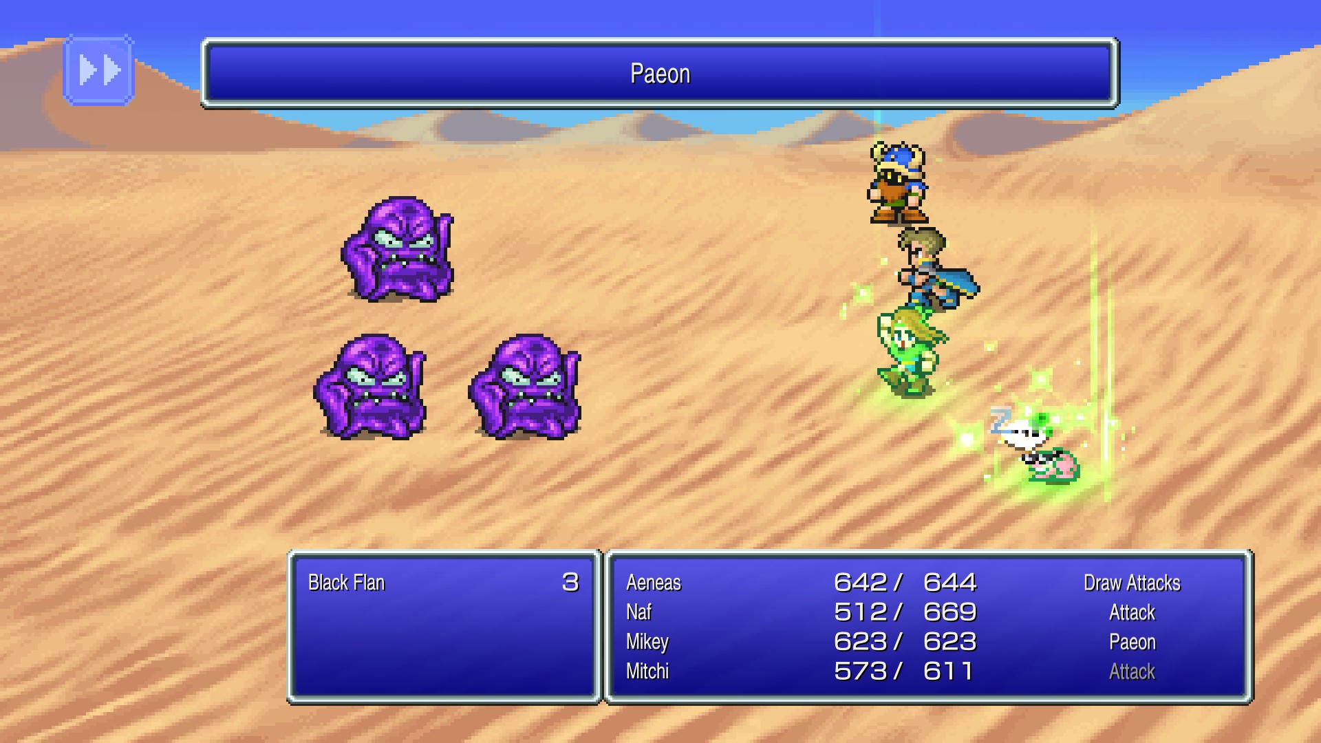 Screenshot from FF3 Pixel Remaster. A battle taking place on a desert background. The party is fighting 3 black flan monsters. The bard in the party is casting Paeon.