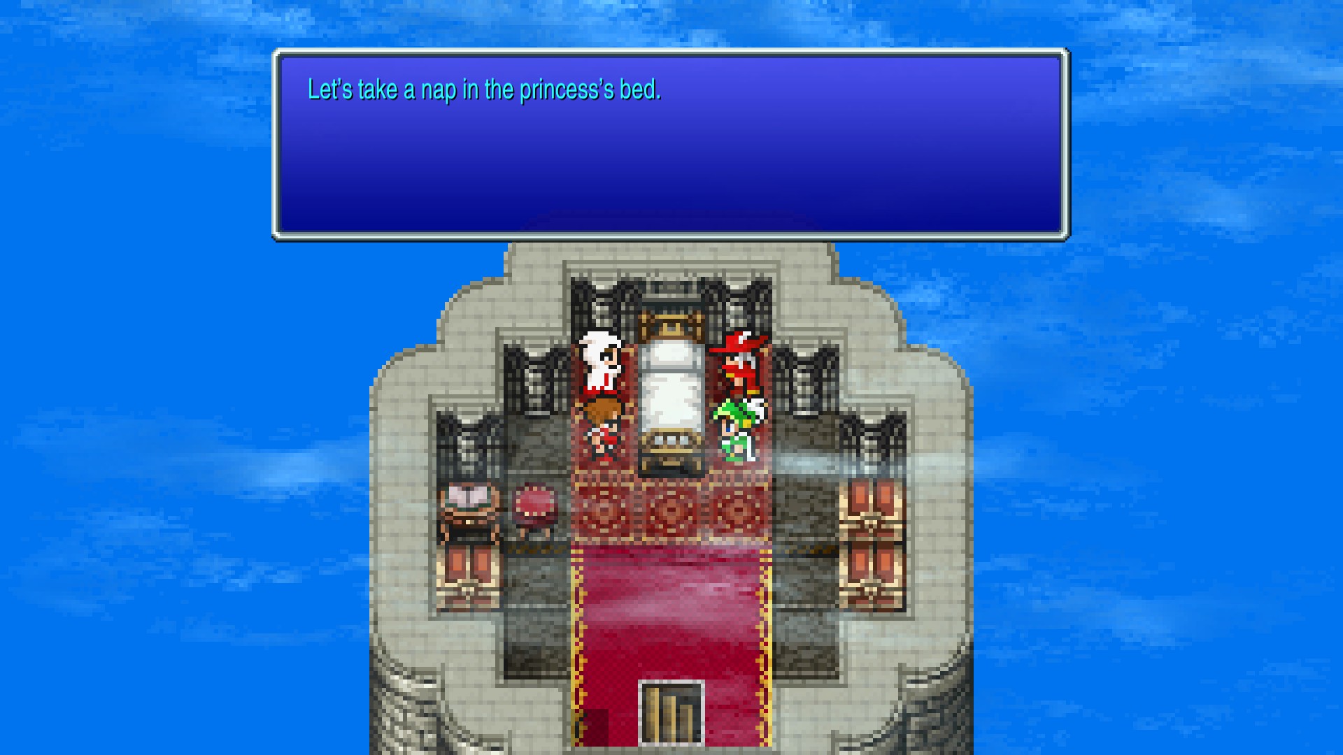 Screenshot from FF3 Pixel Remaster. The player characters are gathered around the bed in a fancy looking room. The dialogue box says: Let's all take a nap in the princess's bed.