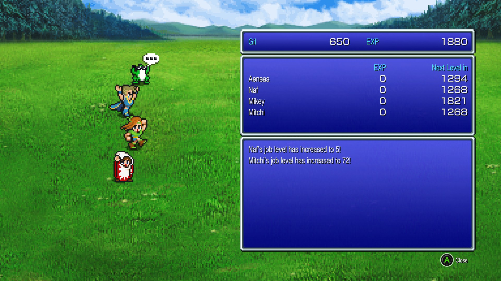 Screenshot from FF3 Pixel Remaster. An after battle victory screen shows one character has turned into a green frog wearing sunglasses to show the blind status and toad status, as well as a thought bubble with an elipses, denoting silence status.