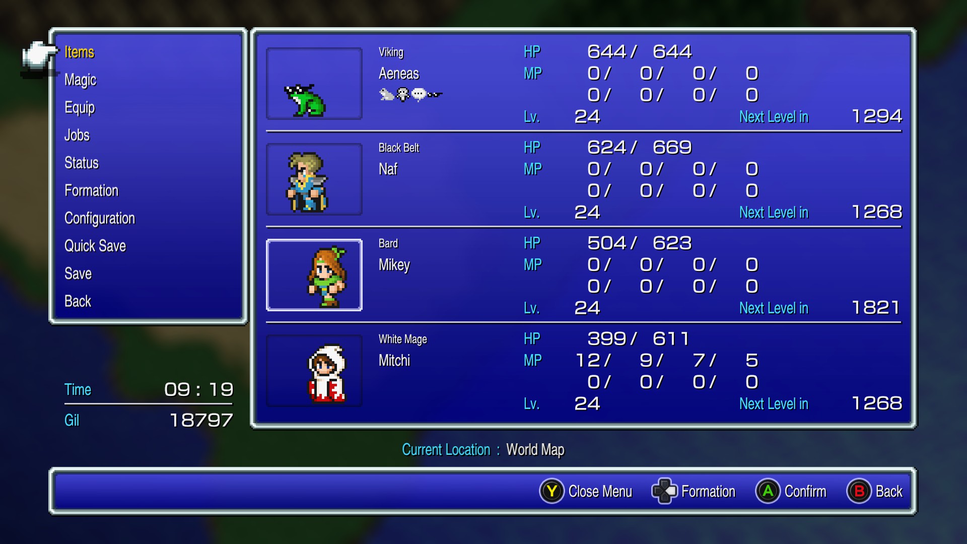 Screenshot from FF3 Pixel Remaster. The menu screen shows that the character Aeneas has been transformed into a green frog that is wearing sunglasses