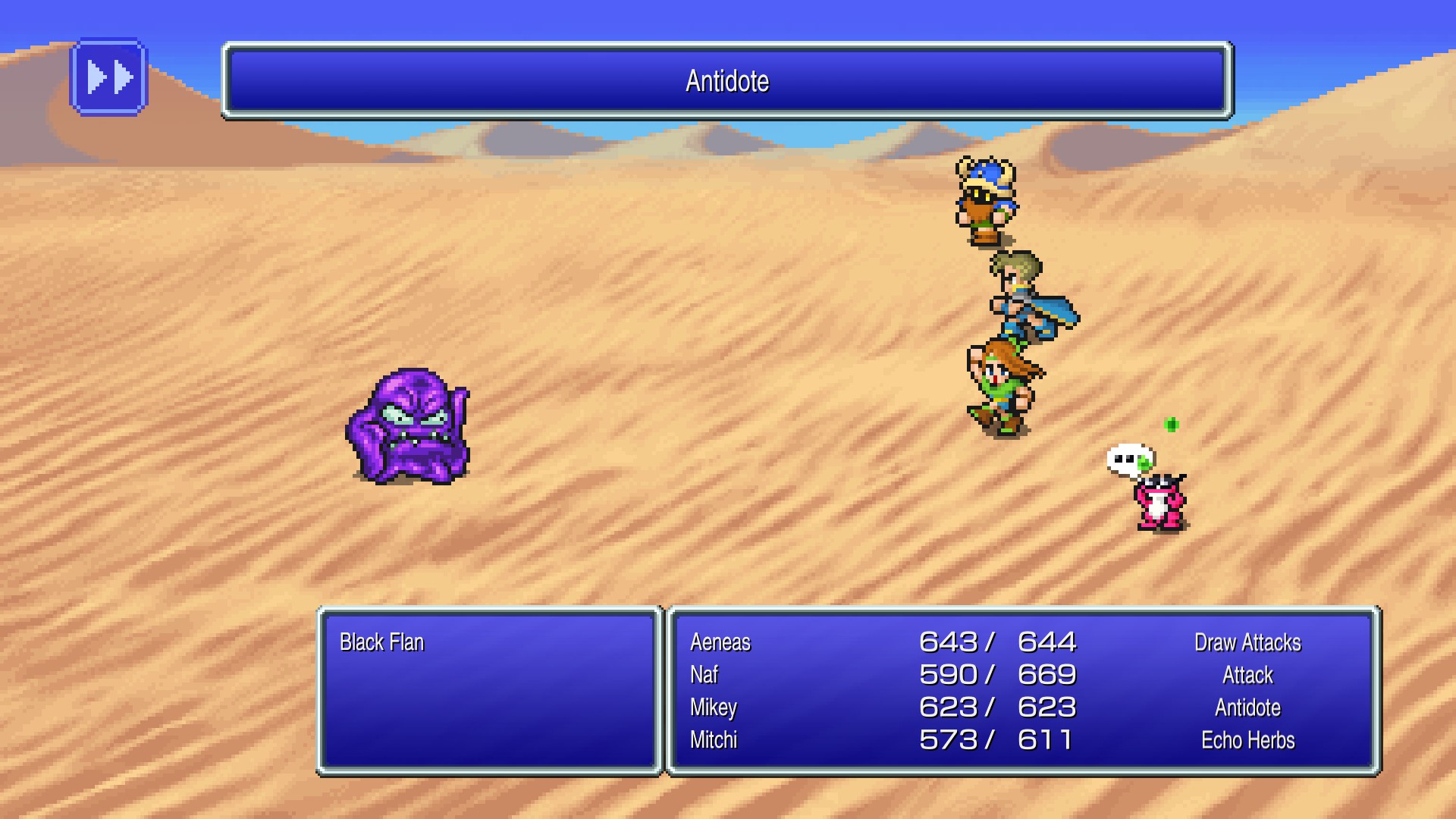 Screenshot from FF3 Pixel Remaster. A battle taking place on a desert background. They are fighting one Black Flan. Mikey is using an antidote. Mitchi has been transformed into a pink frog with sunglasses, the silence debuff icon, and little green bubbles to denote poison status as well.