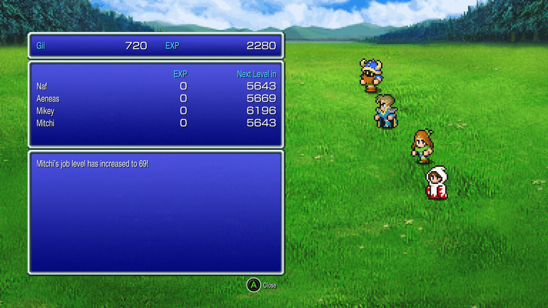 Screenshot from FF3 Pixel Remaster. After battle victory screen. It says Mitchi's job level has increased to 69!