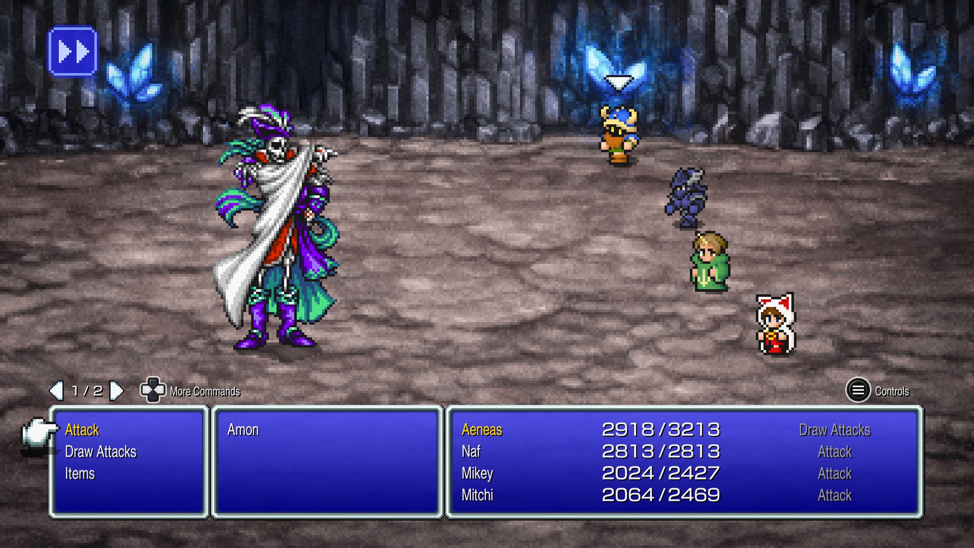 Screenshot from FF3 Pixel Remaster. The party fighting against the Eureka boss Amon. Aenaes is a Viking, Naf is a Dragoon, Mikey is a Summoner, and Mitchi is a Devout.