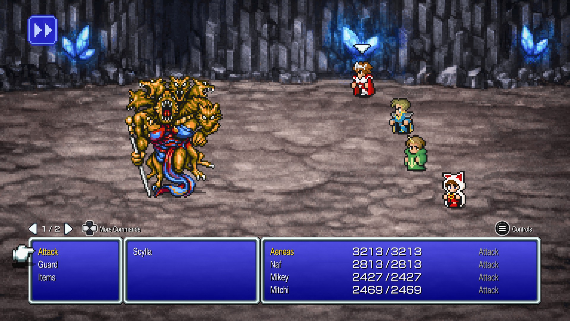 Screenshot from FF3 Pixel Remaster. The party fighting against the Eureka boss Scylla. Aenaes is a Knight, Naf is a Black belt, Mikey is a Summoner, and Mitchi is a Devout.