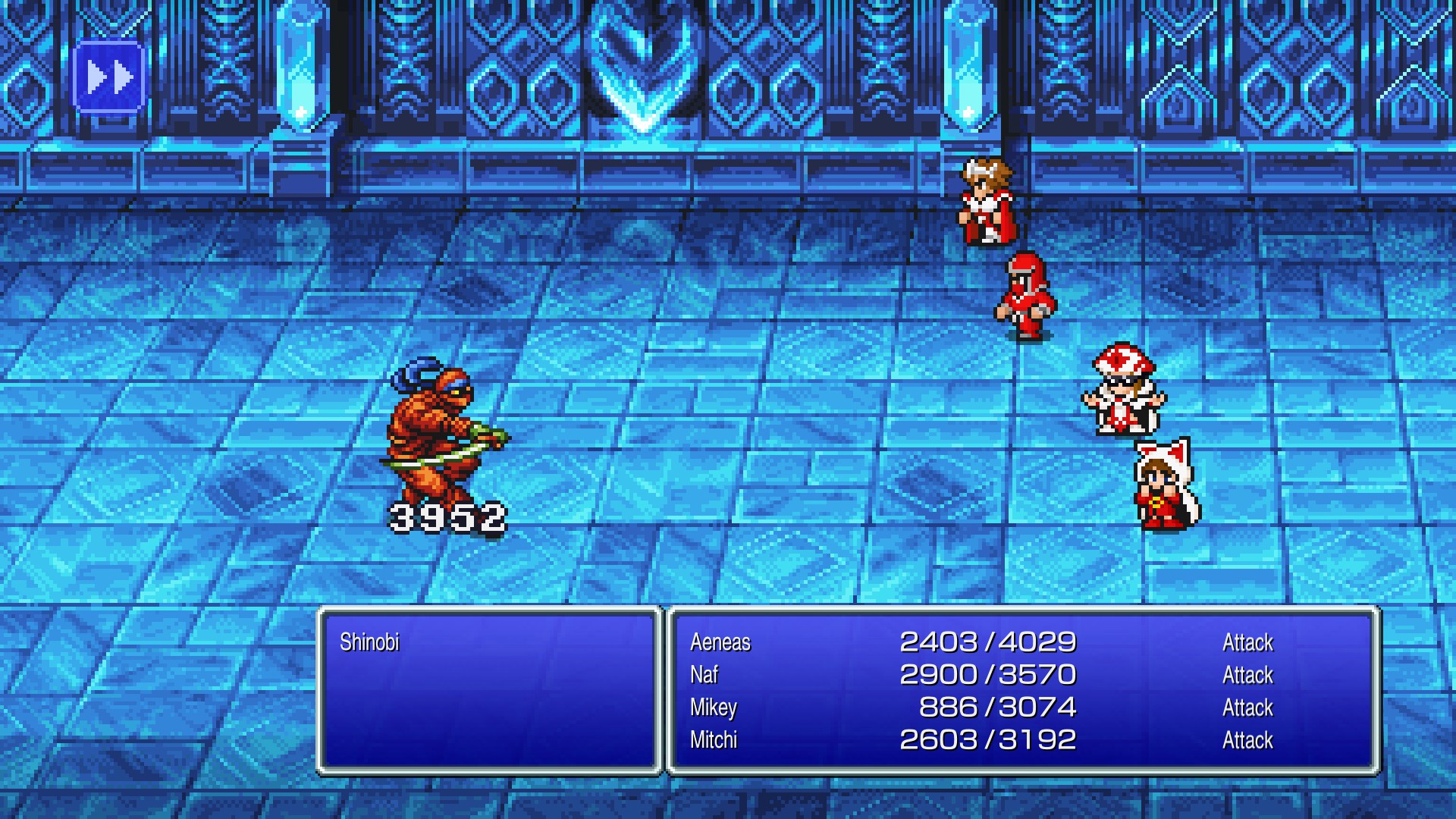 Screenshot from FF3 Pixel Remaster. A battle in the Crystal Tower against a Shinobi. Aeneas is a Knight, Naf is a Ninja, Mikey is a Sage, and Mitchi is a Devout. Mikey has sunglasses due to blind, but because he is attacking, his sprite looks as though it is making a sassy pose.