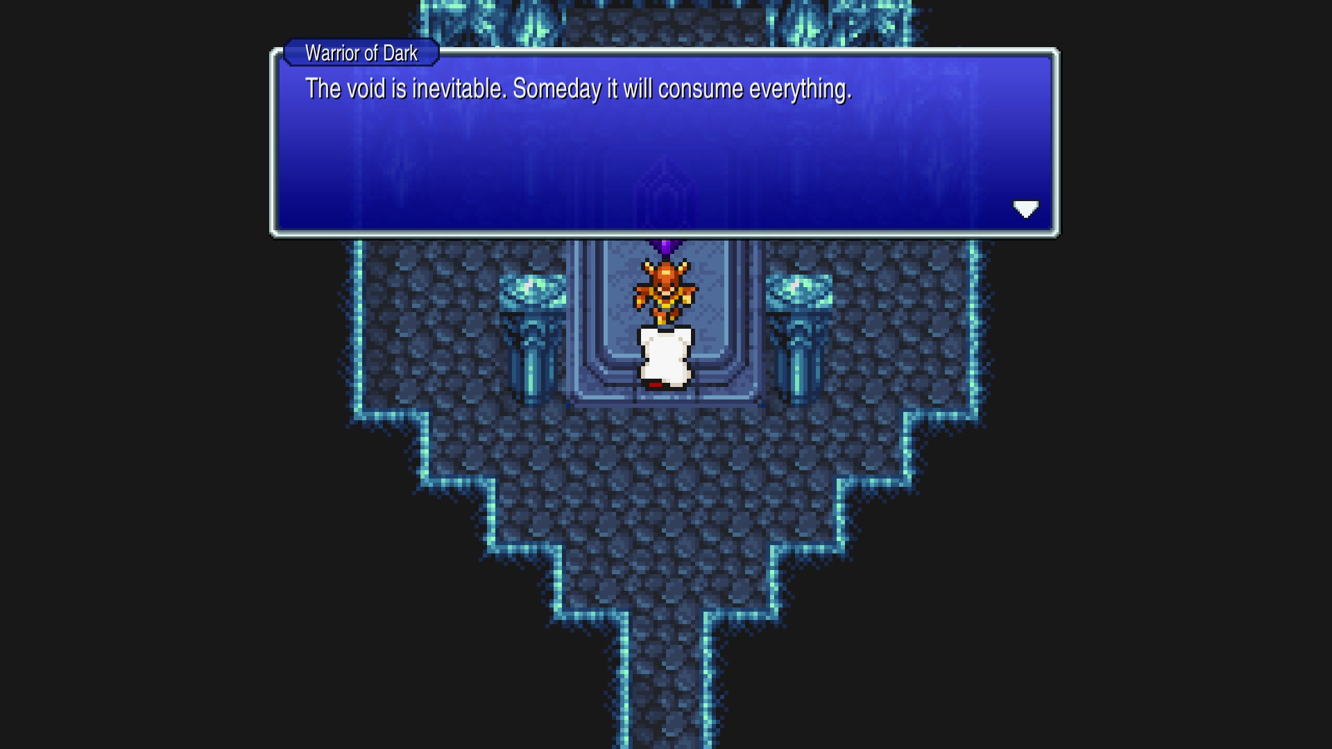 Screenshot from FF3 Pixel Remaster. A Warrior of Dark is speaking to the party. Their dialog box reads: The void is inevitable. Someday it will consume everything.