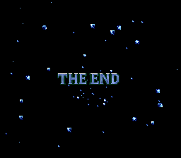 Ending screen from FF4. Black bacground with blue sparkles. In the center there is blue text reading THE END