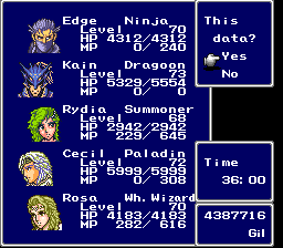 Screenshot from FF4 displaying my endgame load game screen. Edge Level 70. Kain level 73, Rydia level 68, Cecil level 72, Rosa level 70. Play time 36 hours. 4,387,716 Gil