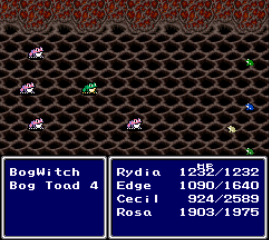 Screenshot from Final Fantasy 4 of the party fighting a Bog Witch. Everyone, including the bog witch, has been turned into a frog.