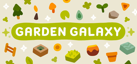 Garden Galaxy logo. The title is surrounded by little drawing of some of the ingame decor items.