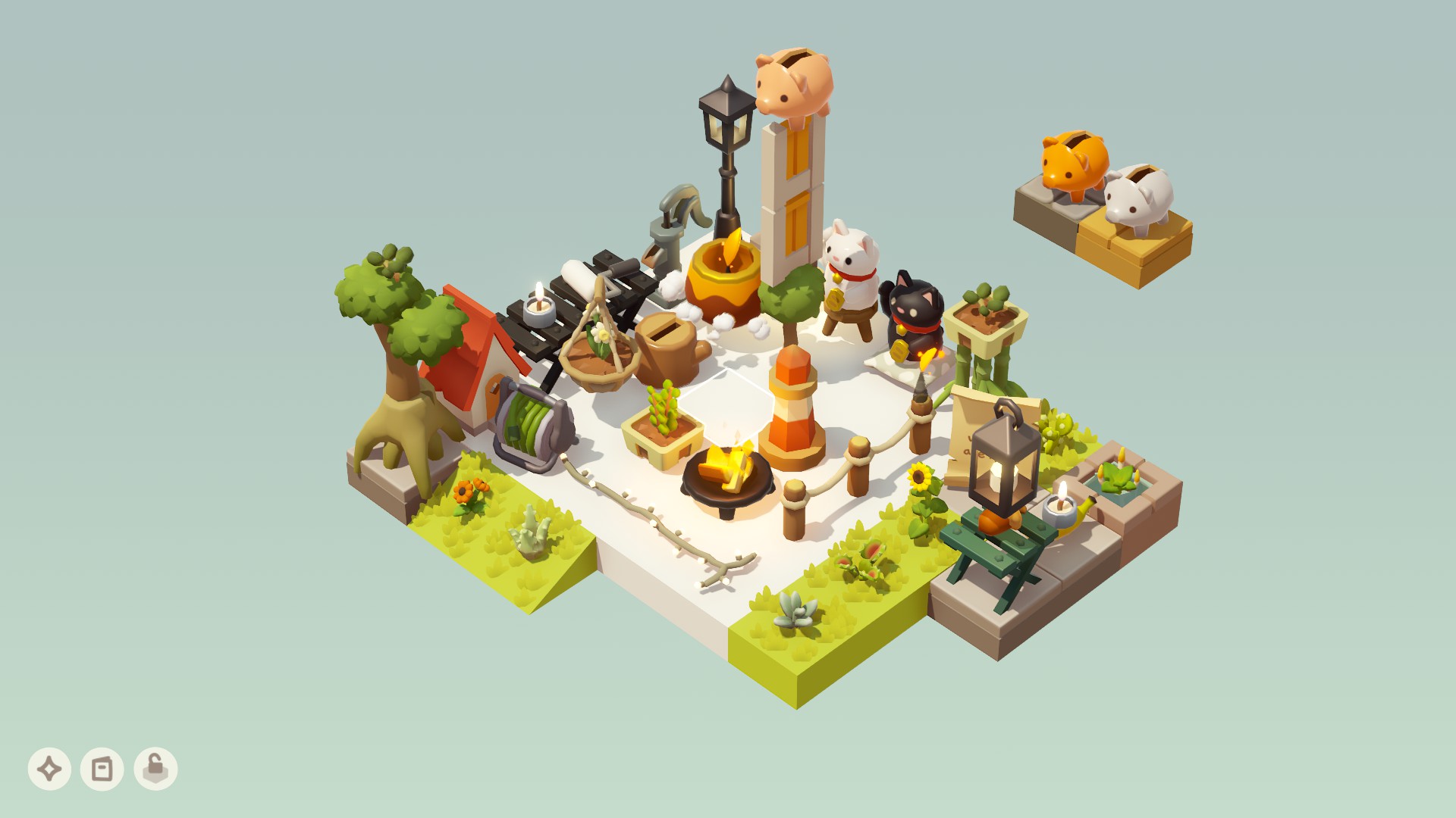 Screenshot from Garden Galaxy. There are a few more white ground tiles, and most surfaces are covered with various random items including piggy banks, becking cat statues, a streetlapm, a water pump, a lighhouse, a tree, a lantern, several small plants, and a tiny house.