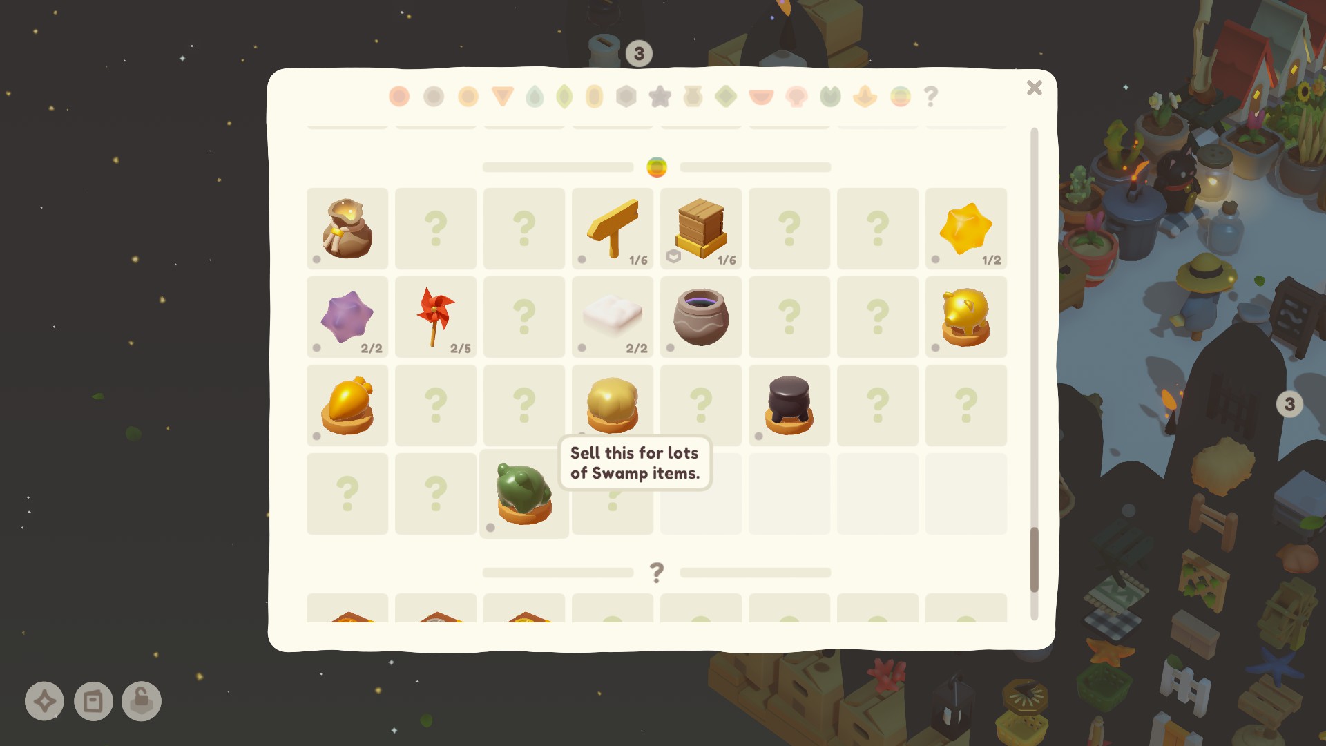 Screenshot of the item collection catalogue. Highlighted is a frog statue with the description reading: Sell this for lots of swamp items.