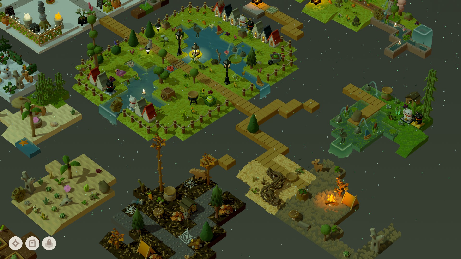 A zoomed out screenshot showing a grass area with a lake, flowers, and houses, a woods area with a cabin and tents, a small swamp area, and a tiny desert area with cacti, a palm tree, and an animal skull.