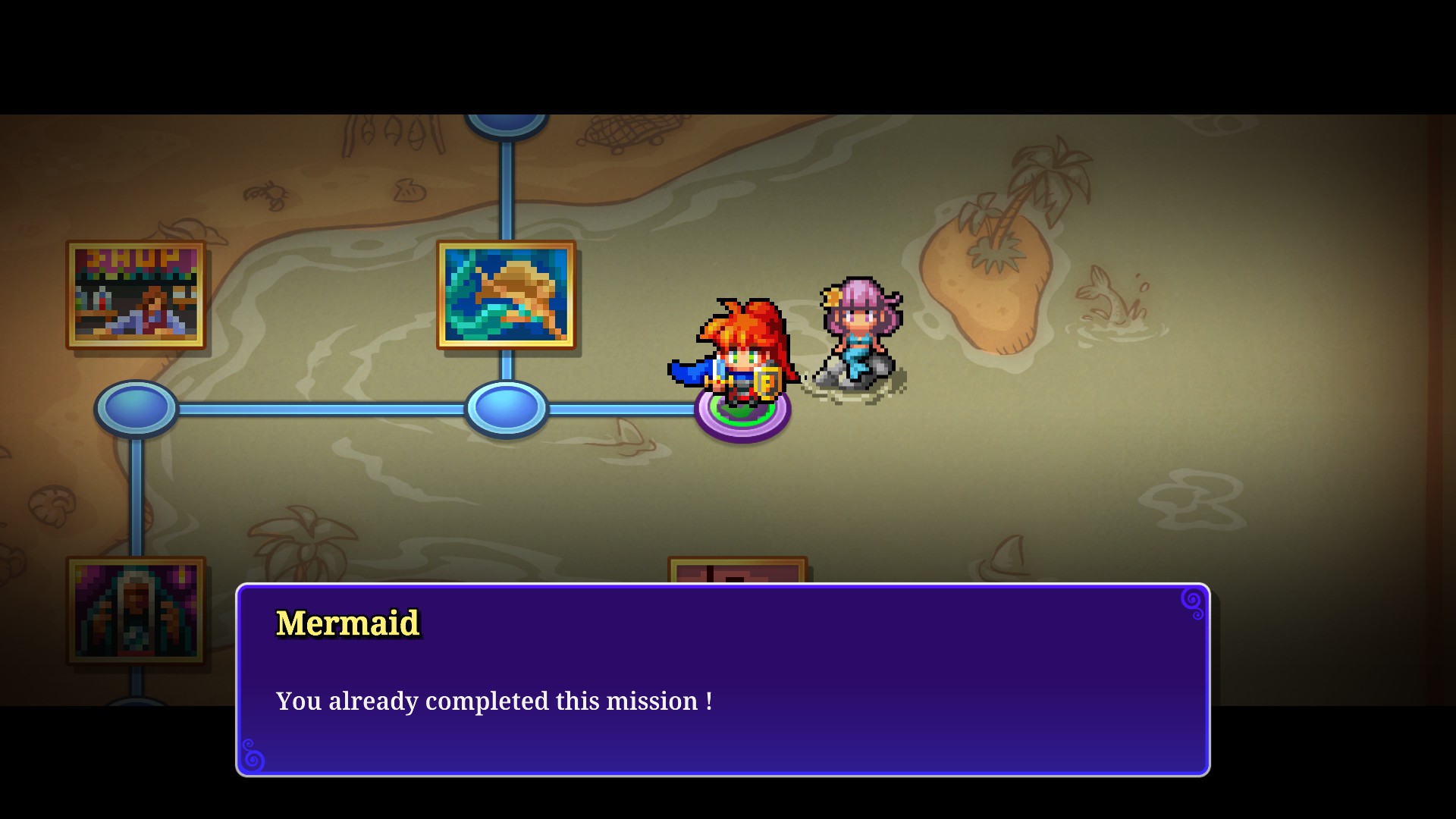 Screenshot from PictoQuest showing the 'world map' puzzle select screen. The player is talking to a Mermaid npc, whose dialogue reads: You already completed this mission!