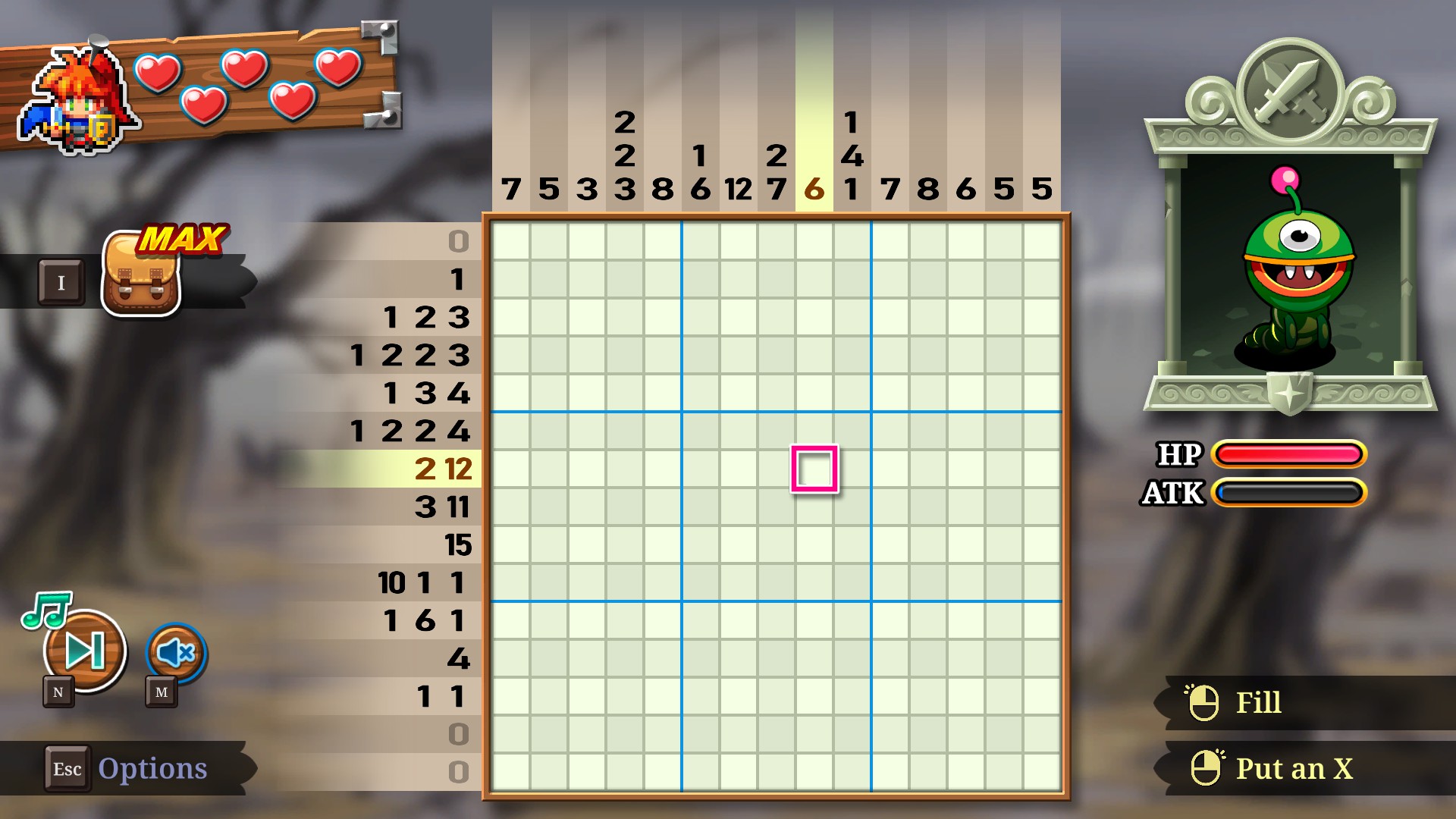 Screenshot from PictoQuest showing the basic puzzle screen. It is unmarked. The player is facing against a one eyed caterpillar monster.