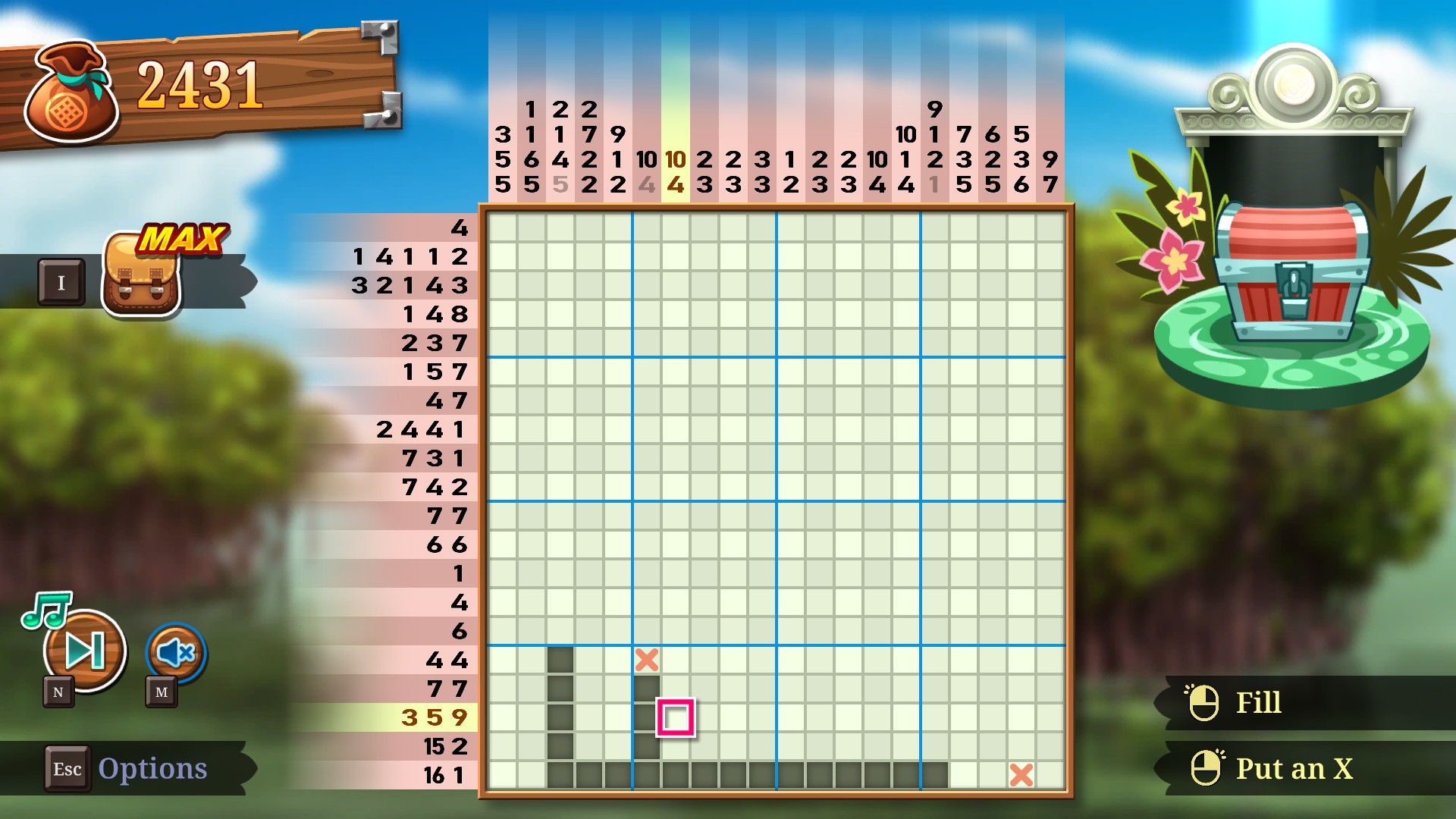 Screenshot from PictoQuest showing the basic puzzle screen. The puzzle is partially solved. Instead of a monster, the player is facing a treasure chest.