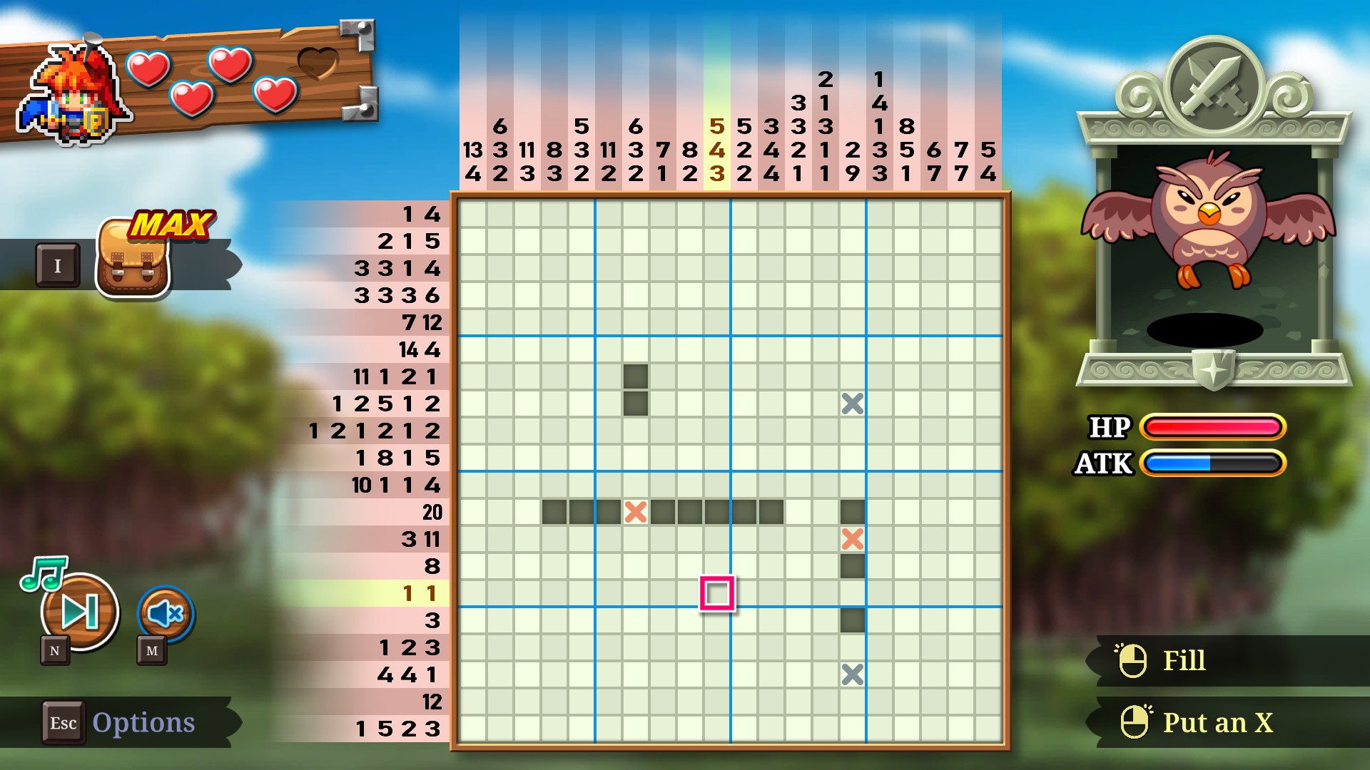 Screenshot from PictoQuest showing the basic puzzle screen. The puzzle is partially solved. There are two incorrectly placed red marks to demonstrate the mechanics.