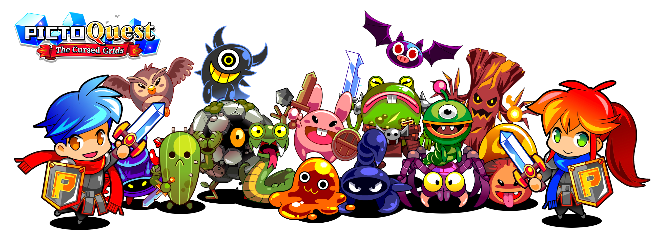 Banner image showing several of the monsters from the game, as well as the two protagonists, a male knight with blue hair and a female knight with long red hair