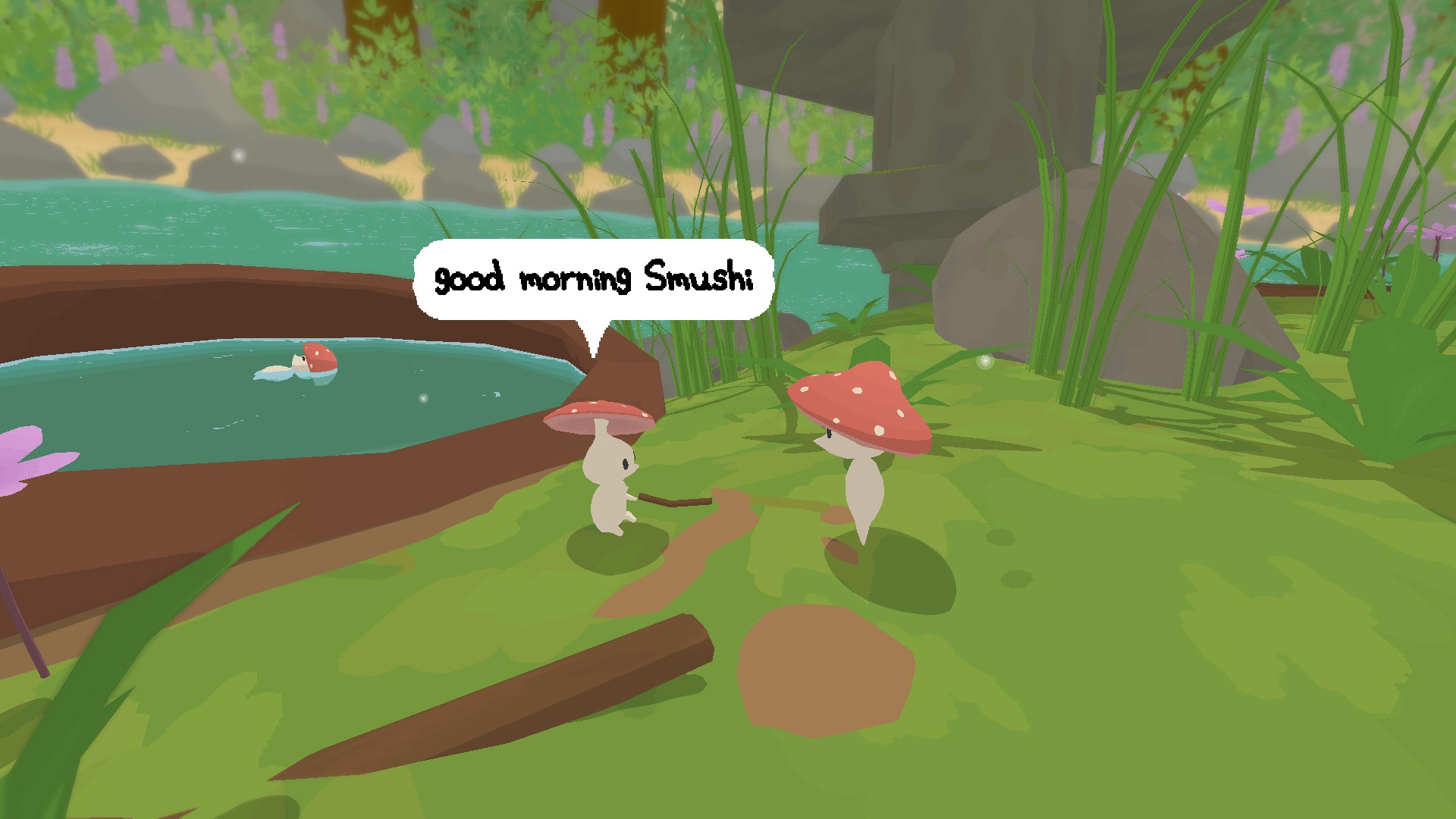 Screenshot from Smushi Come Home. Two tiny, vaguely humanoid mushrooms with white bodies and red caps dotted with white are facing each other. On the left is Smushi's sibling saying Good Morning Smushi. Smushi is on the right. in the background a third mushroom is floating on their back in a small pool of water.