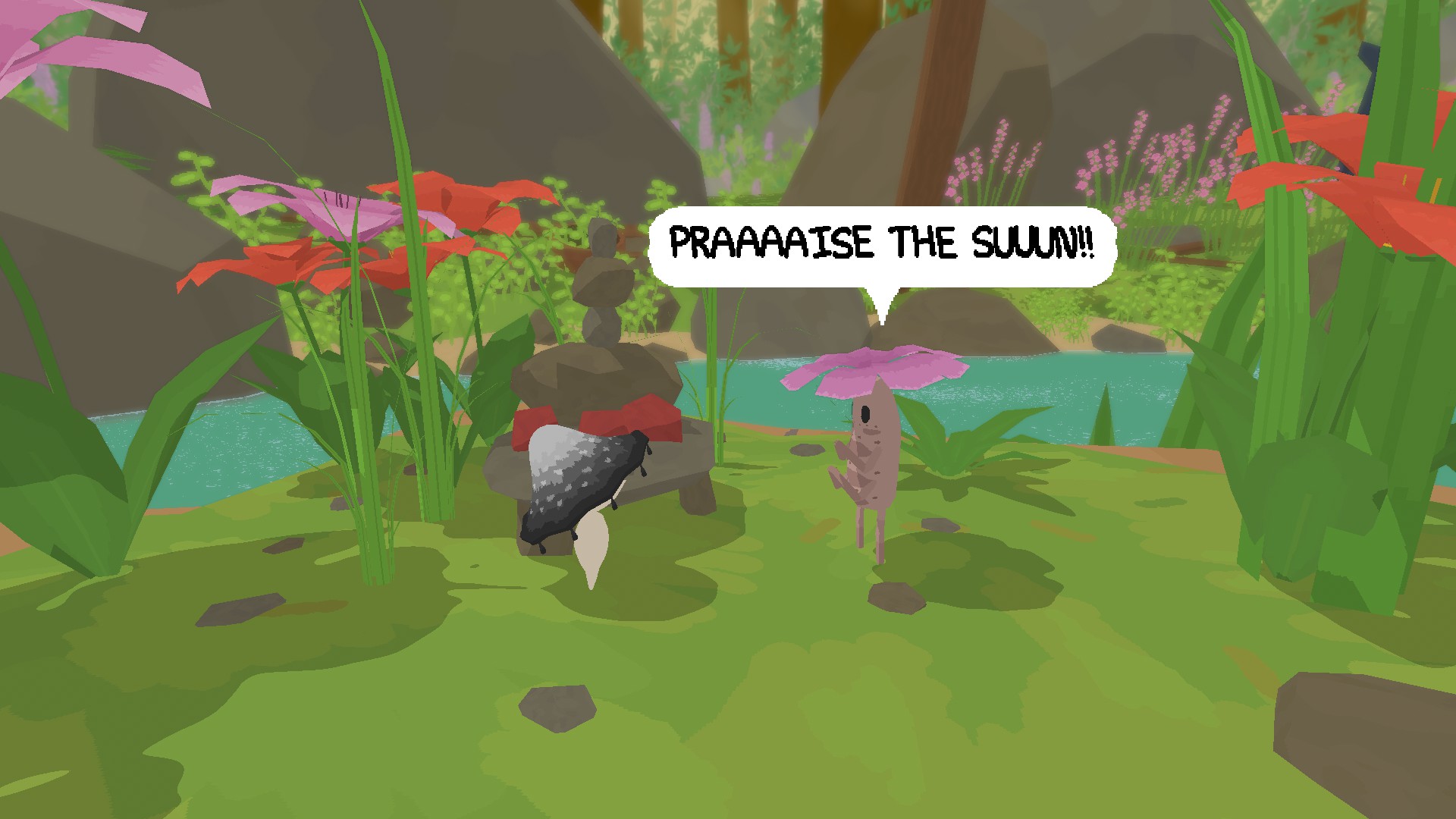 Smushi now has a cap resembling an inky cap mushroom. It is a gray to black gradient from the top, with the brim having several black droplets around it. They are talking to a light brown humanoid creature with four arms and a pink flower on their head. The creature is shouting: PRAAAAISE THE SUUUUN!!