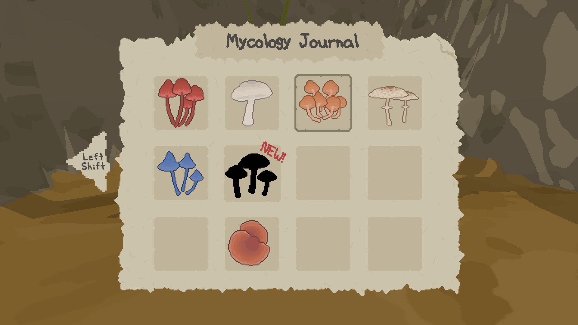 Mycology Journal. There are several mushrooms shown in a grid, with some blank squares as well. One mushroom is a black sillhouette with the word New on top of it.