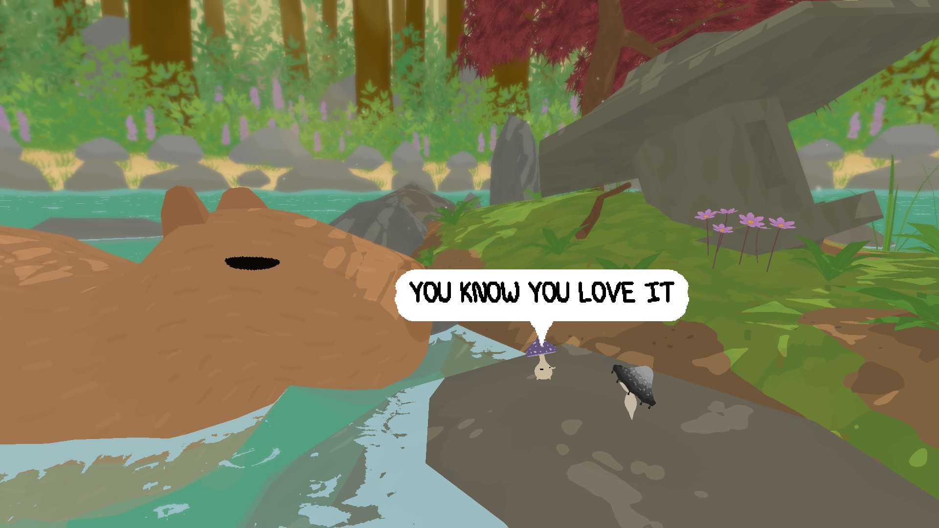 A capybara submerged in water, next to small island with a rock, with Smushi and a purple capped mushroom creature standing on it. The purple mushroom is shouting: YOU KNOW YOU LOVE IT