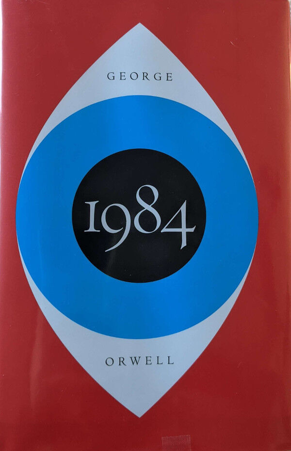 Book cover 1984. A red background with a single stylized blue eye.