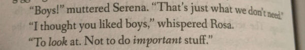 Text from Illuminations. It reads: 'Boys!' muttered Serena. 'That's just what we don't need.' 'I thought you liked boys,' Whispered Rosa. 'To look at. Not to do important stuff.'