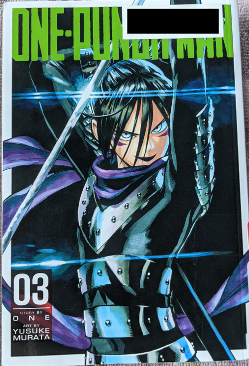 Cover for Volume Three of One Punch Man, written by One, Art by Murata Yusuke. Artwork shows Speed of Sound Sonic with his sword raised above his head, a sinister smile on his face.