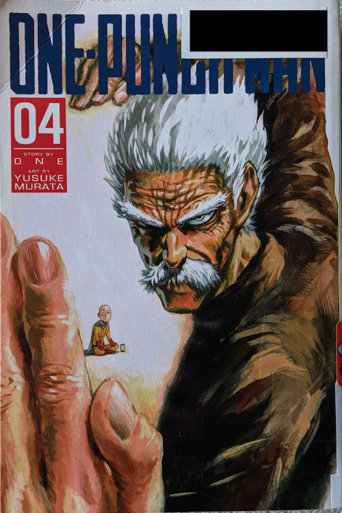 Cover for Volume four of One Punch Man, written by One, Art by Murata Yusuke. Shows Bang, the Silver Fang. In the background Saitama is sitting crosslegged on the ground with a japanese tea cup in front of him.