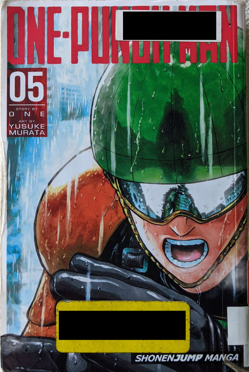 Cover for Volume five of One Punch Man, written by One, Art by Murata Yusuke. Shows a close up of Mumen Rider in the rain.
