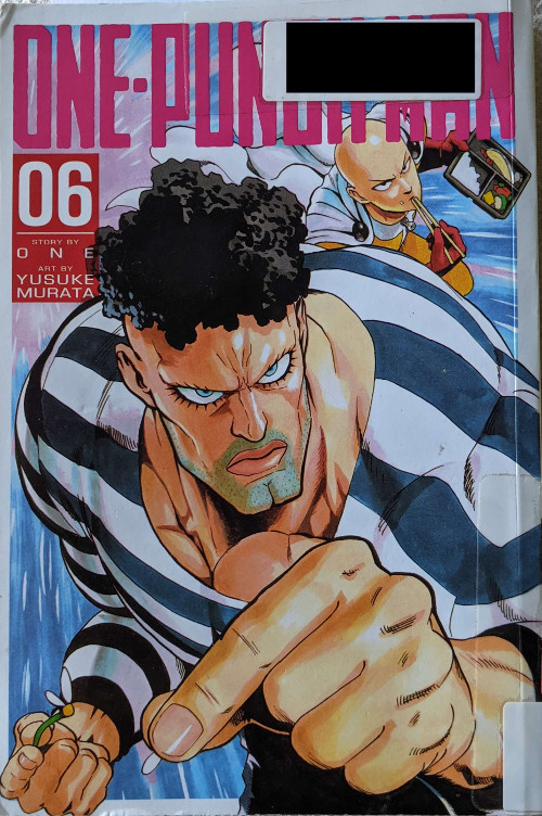 Cover for Volume six of One Punch Man, written by One, Art by Murata Yusuke. Shows Puri-puri Prisoner looking tough while picking petals off a daisy in a game of loves-me-loves-me-not. Behind him is Saitama eating a convinience store bento with chopsticks.