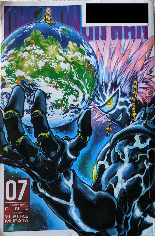 Cover for Volume seven of One Punch Man, written by One, Art by Murata Yusuke. Shows Boros holding the world in his left hand. A tiny Saitama sits on top of the globe.